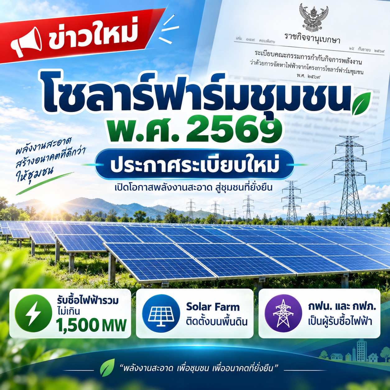 โซลาร์ฟาร์มชุมชน 2569 และกรอบรับซื้อไฟฟ้า