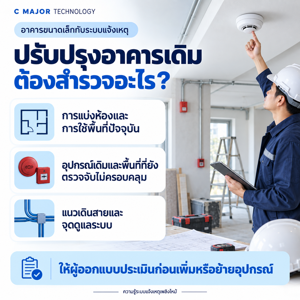 ช่างตรวจหัวบนเพดานในพื้นที่ปรับปรุง พร้อมรายการสำรวจอาคารเดิม