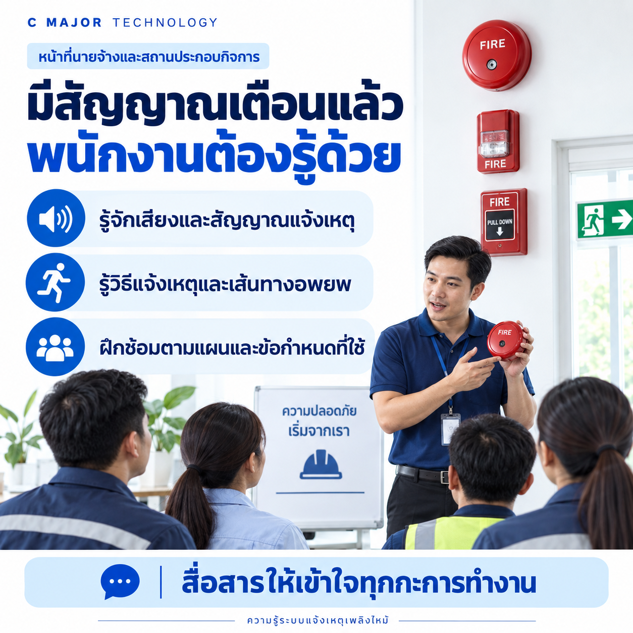 ผู้สอนถือกระดิ่งหน้ากลุ่มพนักงาน พร้อมหัวข้อการรู้จักเสียงและแผนอพยพ