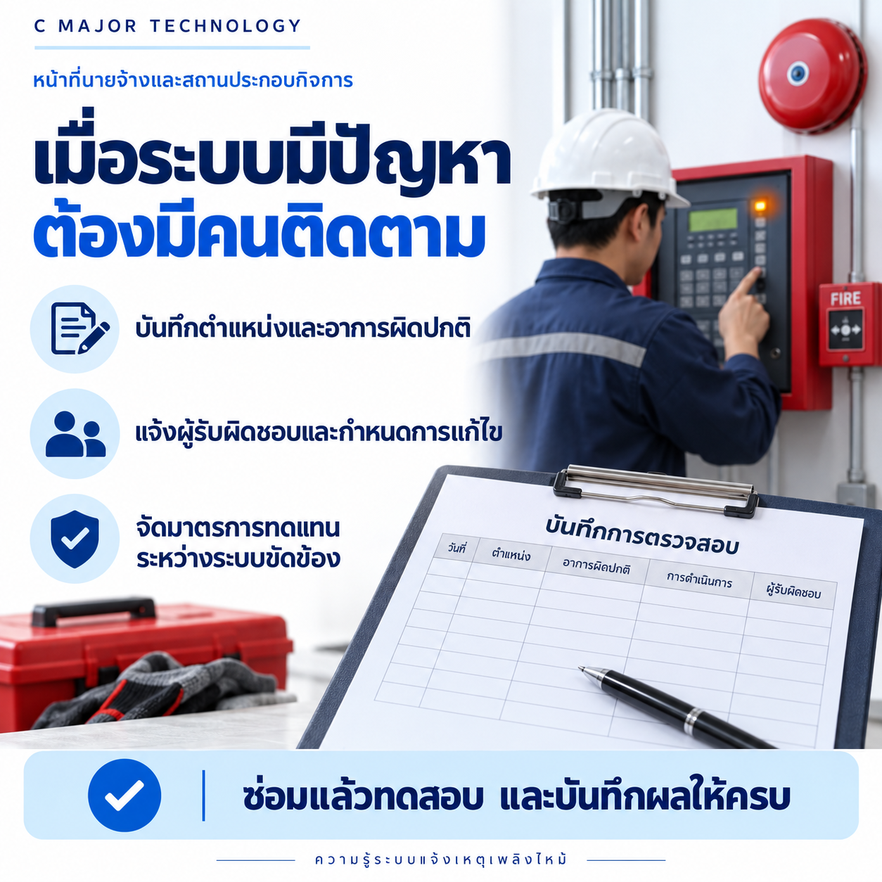 ช่างตรวจตู้และแบบบันทึกข้อขัดข้อง พร้อมรายการติดตามเมื่อระบบมีปัญหา