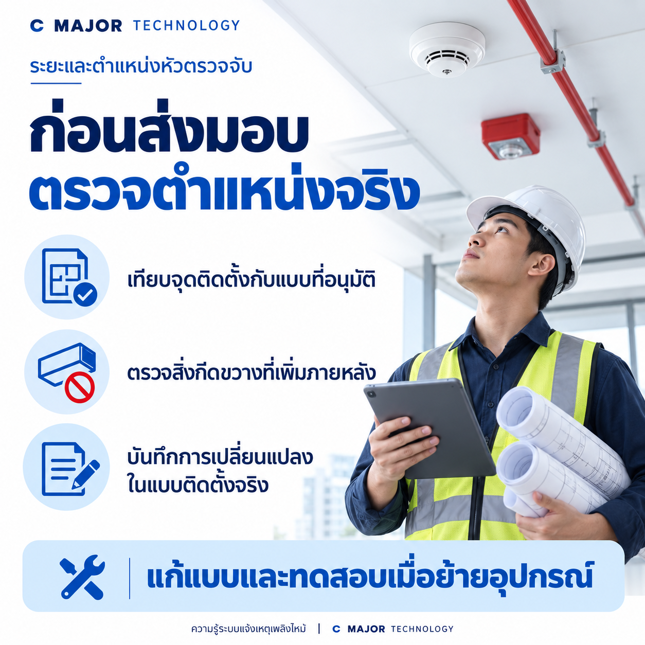 ช่างดูหัวบนเพดานพร้อมแท็บเล็ต และรายการตรวจตำแหน่งก่อนส่งมอบ