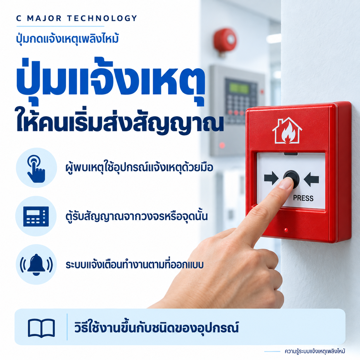 มือกดปุ่มแจ้งเหตุสีแดง พร้อมลำดับส่งสัญญาณถึงตู้และระบบแจ้งเตือน