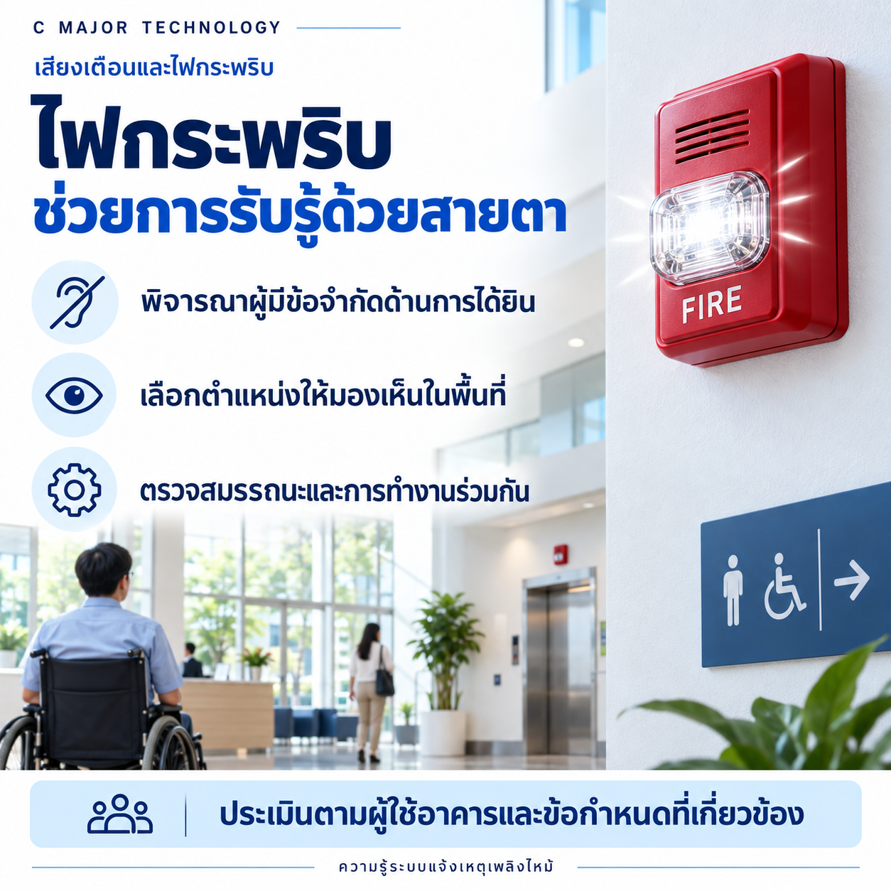 ไฟกระพริบบนผนังและผู้ใช้รถเข็น พร้อมรายการพิจารณาการรับรู้ด้วยสายตา