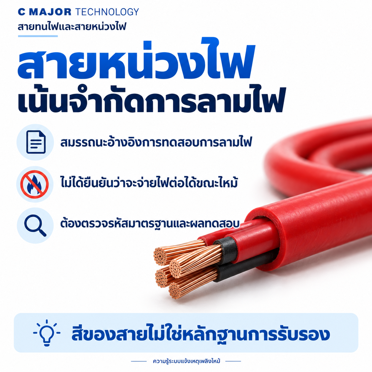 สายสีแดงตัดเห็นตัวนำ พร้อมข้อความว่าสายหน่วงไฟเน้นจำกัดการลามไฟ