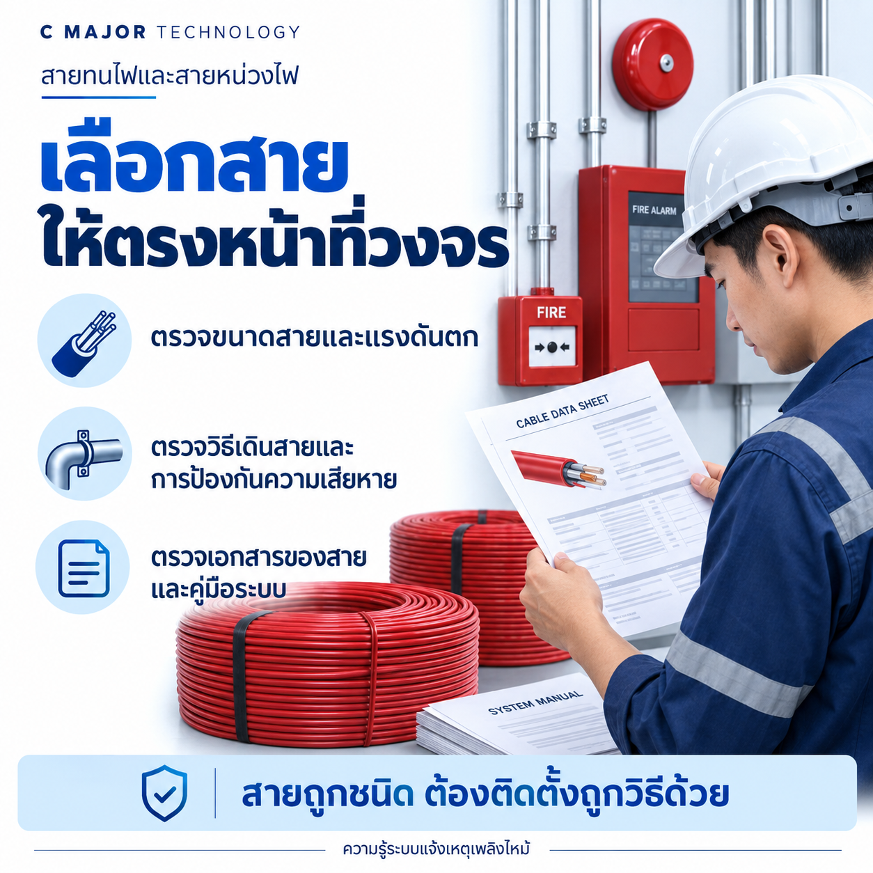 ช่างอ่านเอกสารสายกับม้วนสายและตู้แจ้งเหตุ พร้อมรายการเลือกสายตามวงจร