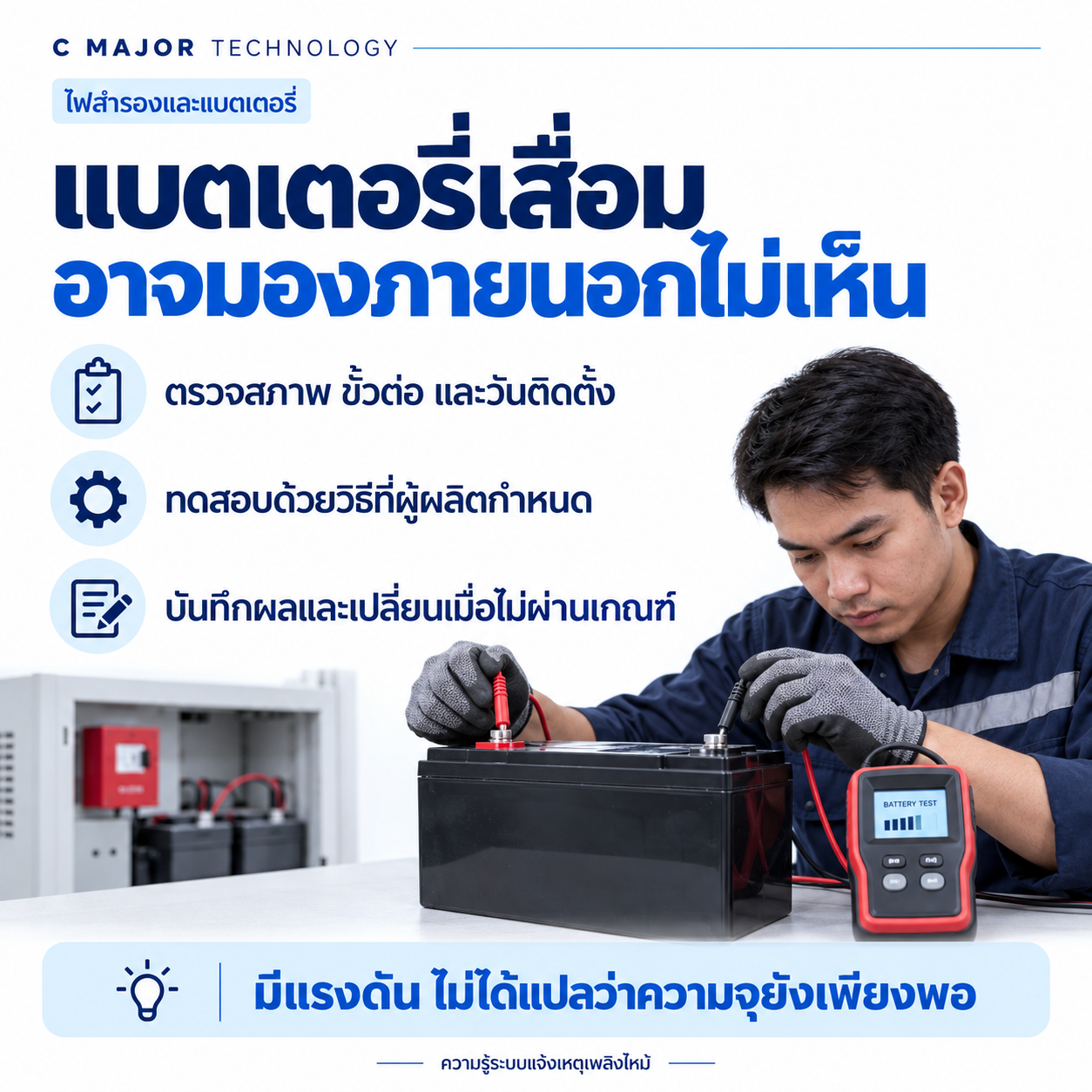 ช่างใช้เครื่องมือทดสอบแบตเตอรี่ พร้อมข้อความแรงดันไม่ยืนยันความจุ