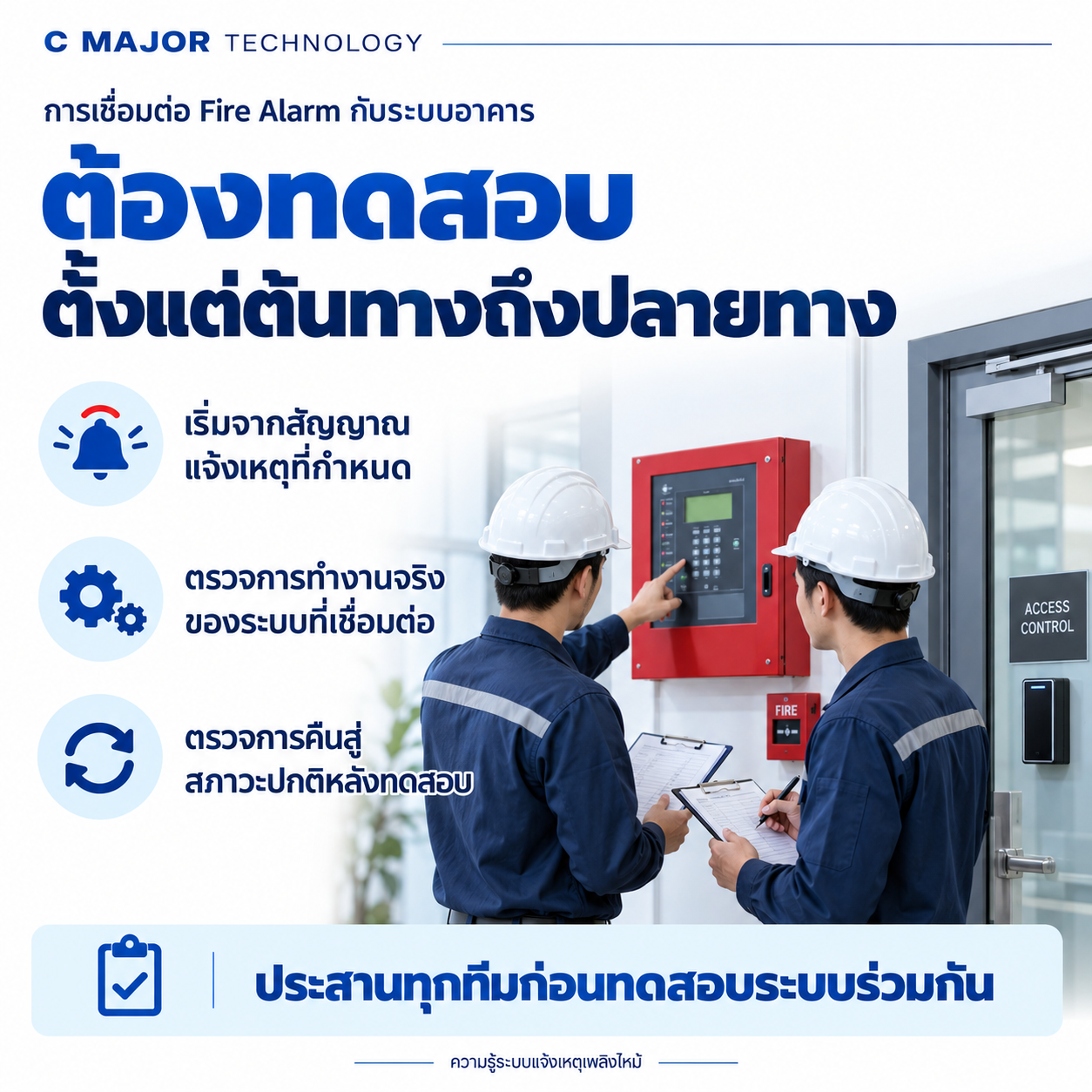 ช่างสองคนตรวจตู้ใกล้ประตู พร้อมขั้นตอนทดสอบจากต้นทางถึงปลายทาง