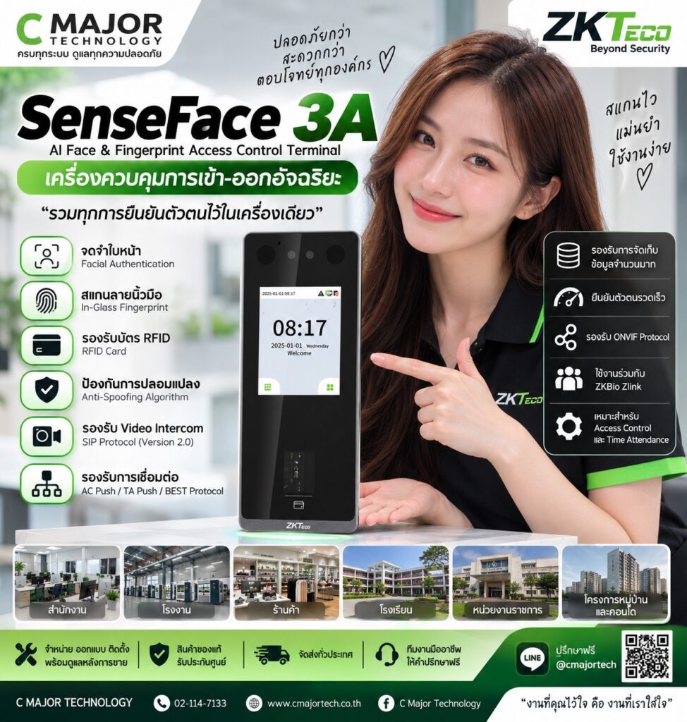 ZKTeco SenseFace 3A เครื่องควบคุมการเข้า–ออก รองรับใบหน้า ลายนิ้วมือ และบัตร RFID โดย C MAJOR TECHNOLOGY